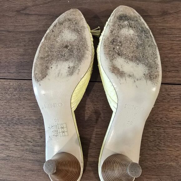 Vintage Kenzo Yellow Leather Snake Mule Heels w/ Beaded Tassle Sz 39 (US 8.5) - Picture 6 of 7